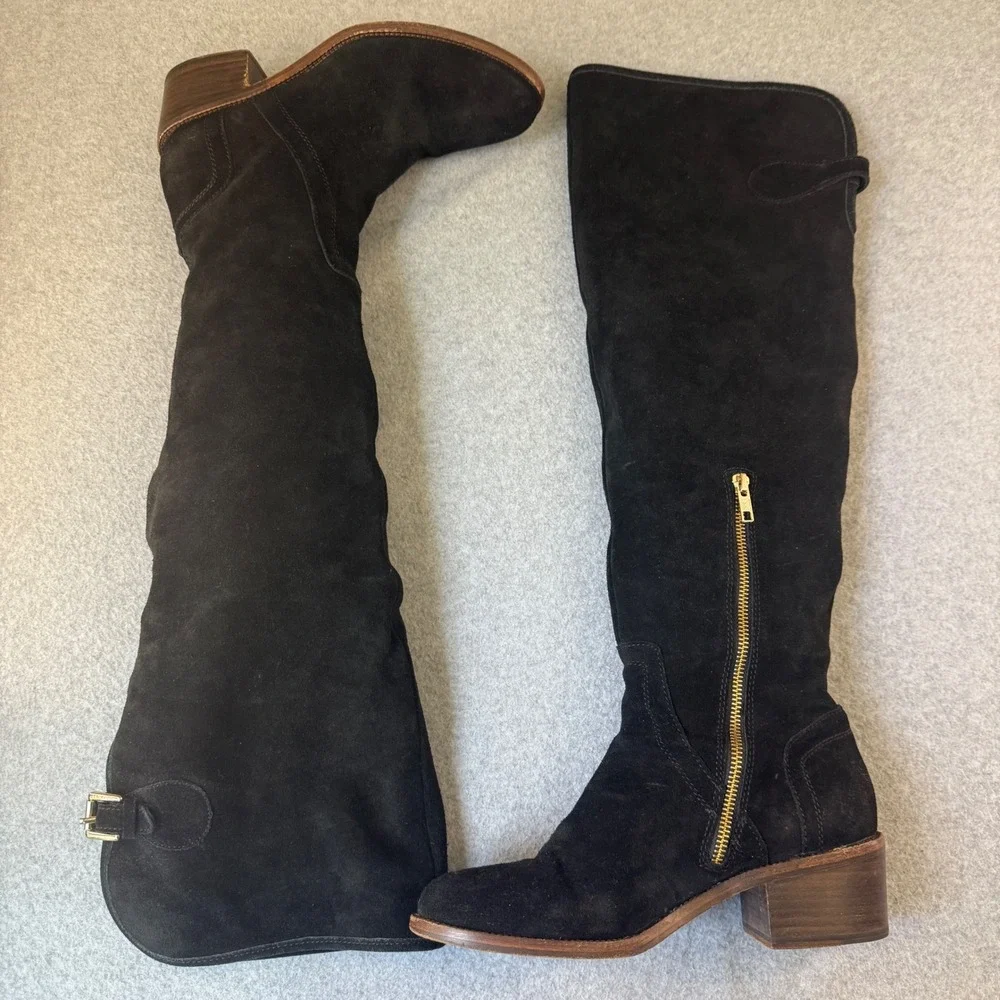 Coach Palmera 2‎ Over The Knee Boots Suede Leather Gold Zipper Buckle Black 8B